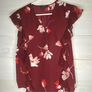 Lauren Ralph Lauren Floral Ruffle Sleeve Red Top Size Small